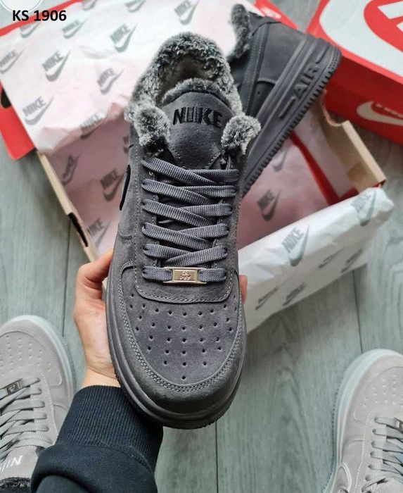 Мужские зимние кроссовки на меху Nike Air Force "Grey" 40-44
