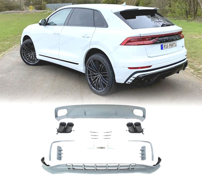 KIT CARROÇARIA AUDI Q8 18- LOOK ABT RSQ8 DIFUSOR + LIP FRONTAL + PONTEIRAS DE ESCAPE