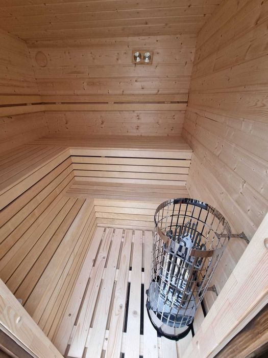 Sauna ogrodowa fińska piec elektryczny Harvia oświetlenie LED