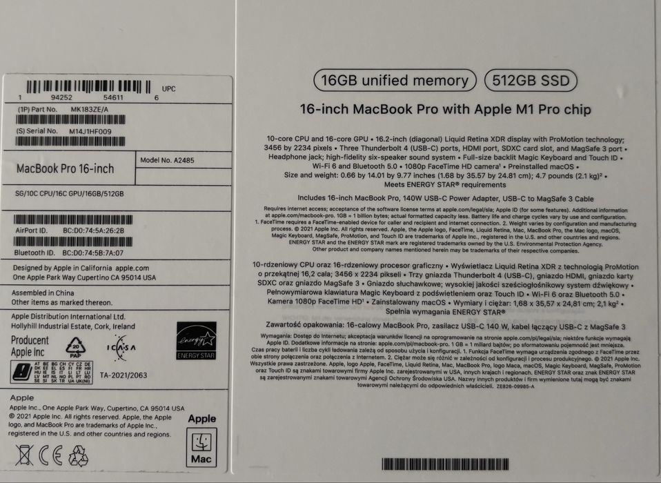 APPLE MacBook Pro 16 M1 Pro 16GB/512GB SSD