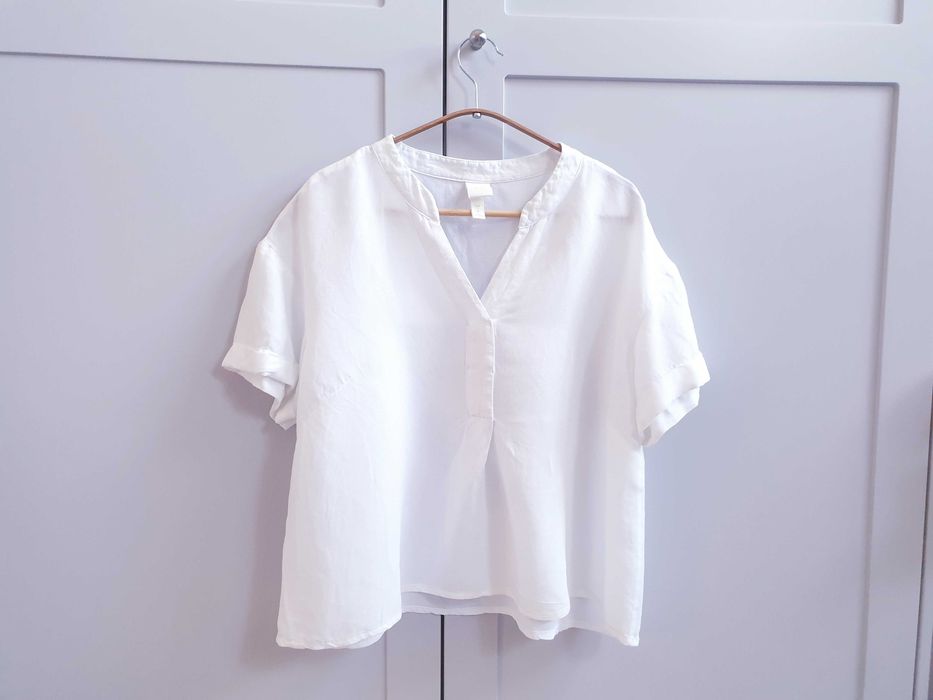 Biała koszula bluzka lniana H&M pudełkowa oversize 40 42