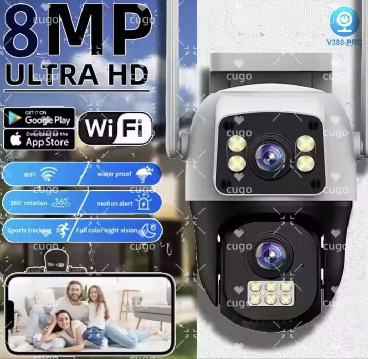 Подвійна вулична камера Wi-Fi 8Мп Ultra HD V380Pro Вулична IP-камера Wi-Fi 8MP Ultra HD з подвійним об'єктивом та автотрекінгом Вулична вайфай камера