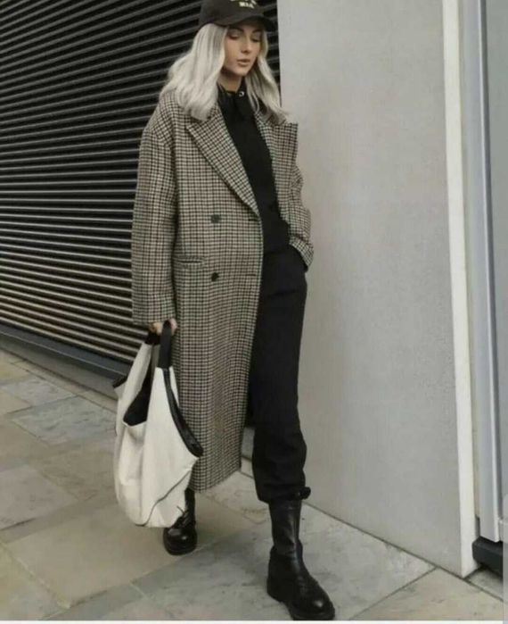Płaszcz Zara wełna wełniany krata kratka szeroki oversize rozm XS-S