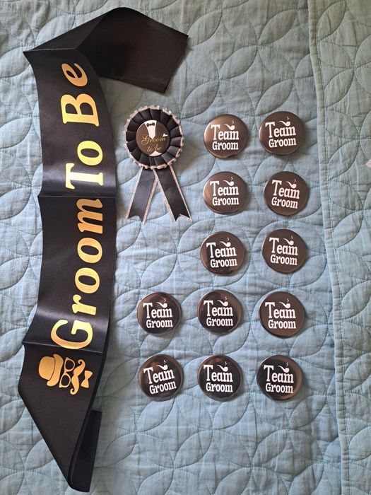 Despedida de solteiro faixa + crachá noivo Groom to Be +12 pins equipa