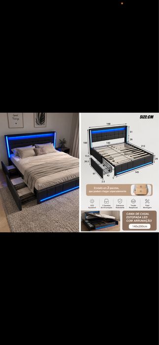 Cama de Casal Estofada com LED + Arrumação