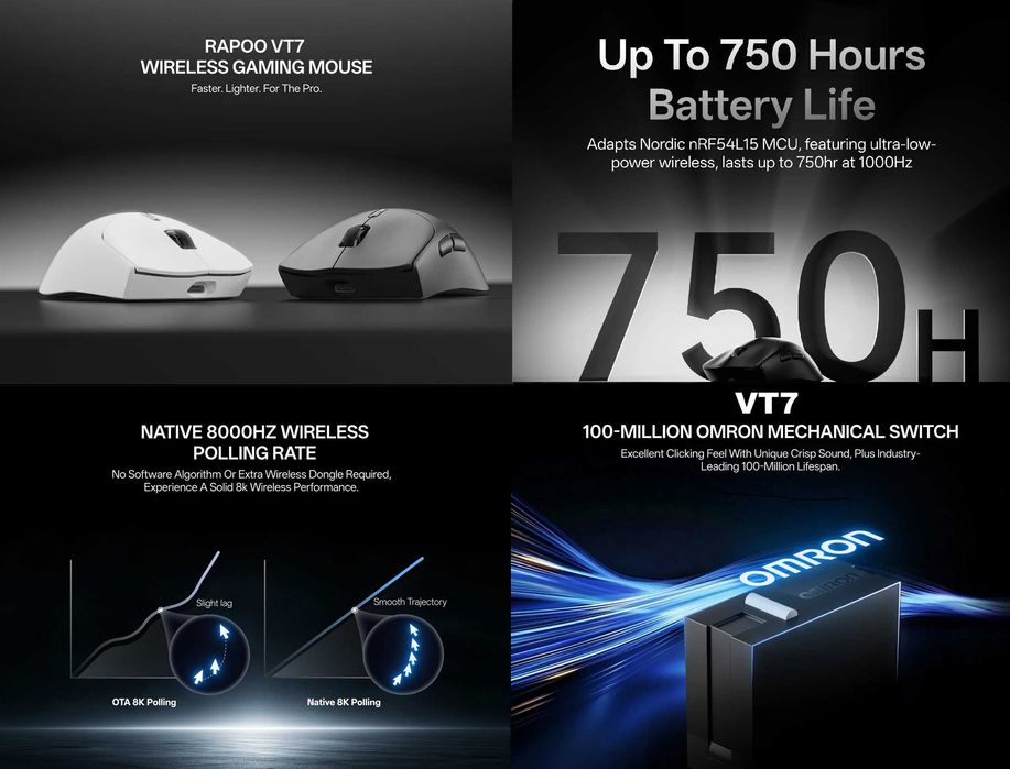 Rapoo VT7 Gen-2 Ігрова топова мишка, PAW3398+NORDIC 54L15+Omron, 4/8K