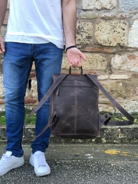 Мужской черный кожаный рюкзак ручной работы. Натуральная кожа