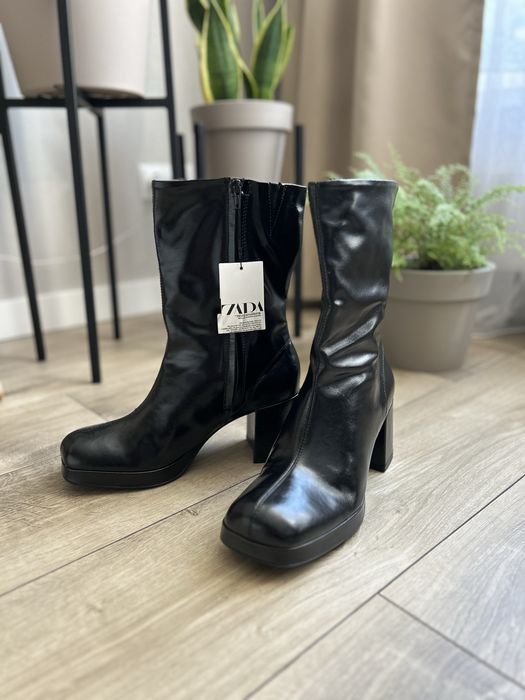 Ботильйони чоботи черевики ботінки сапожки zara 41 лакові квадрат