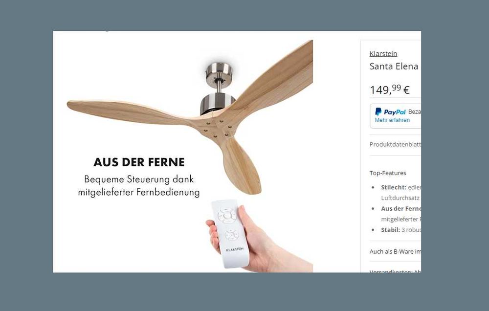 Потолочный вентилятор Лопасти натуральное дерево Klarstein Santa Elena