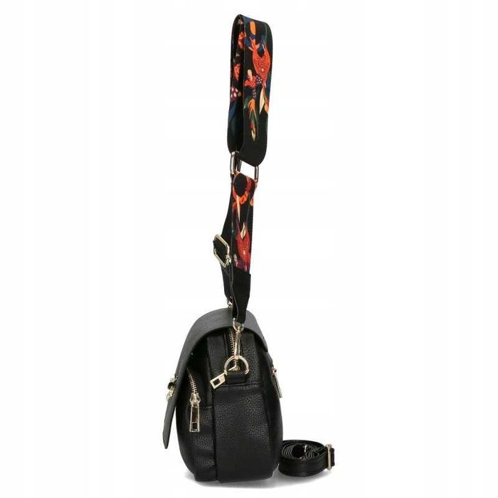 Ego Polska Torebka Damska Pszczółka Czarna Matowa Skóra Kolorowy Pasek