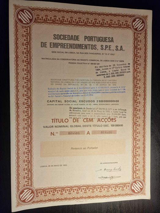 Títulos de Ações - Sociedade Portuguesa de Empreendimentos SPE, SA