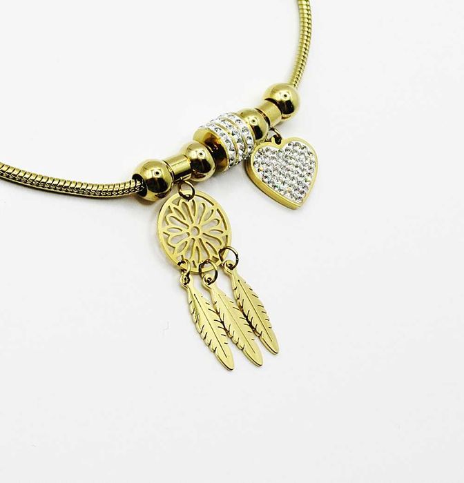 Bransoletka złoty charms stal chirurgiczna łapacz snów serce nowa BB34