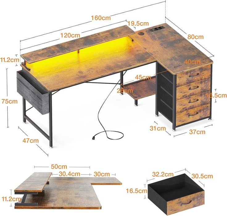 Mesa de gaming secretária rústica LED e vários acessórios [2 tamanhos]