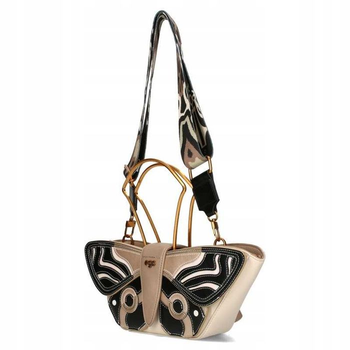 EGO Torebka Listonoszka Damska Odpinany Motyl Skóra Logo Pasek Beżowa