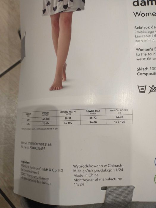 Szlafrok damski rozmiar L/XL szary w czarne serduszka