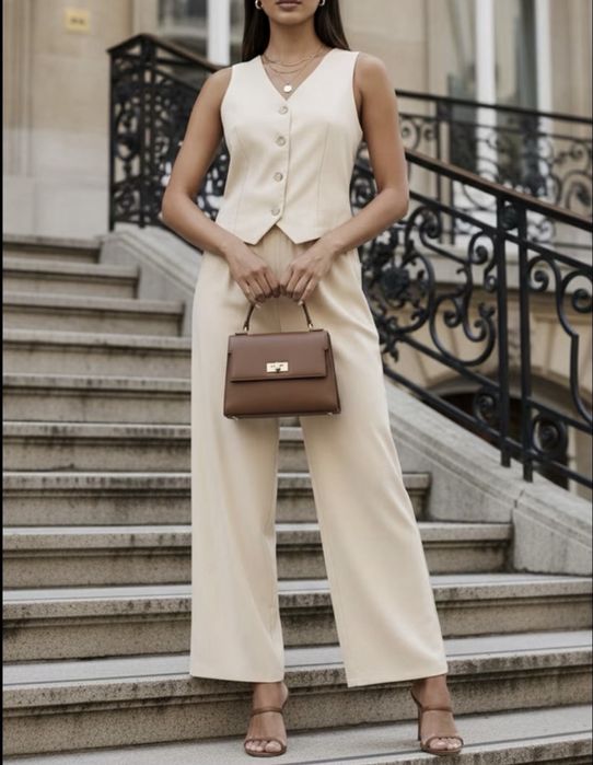 Костюм Old money жіночий пудровий, жилет та штани брюки широкі