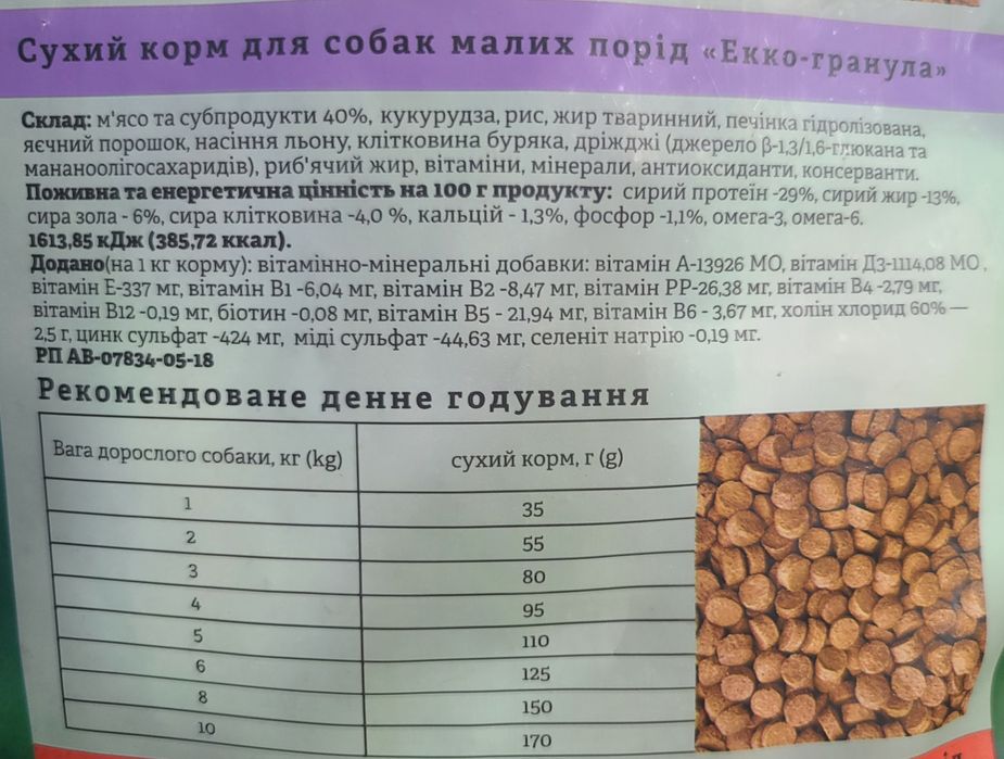 ДЛЯ МАЛИХ ПОРІД   ЭКО гранула  сухой корм  для собак