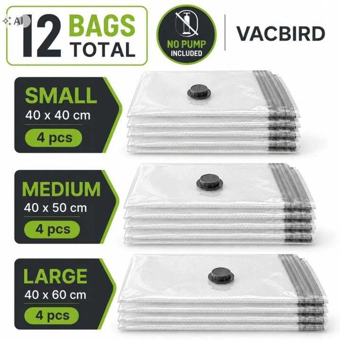 Vacbird worki próżniowe podróżne 12 szt BEZ POMPKI USB 40x40 40x50 40x60 CM