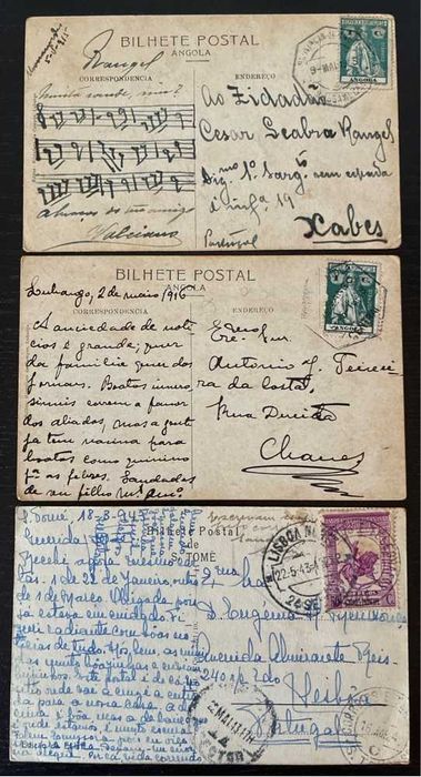 Lote 3 Postais Antigos Circulados Angola e São Tomé - Com Selos e Carimbos (1916 e 1943)
