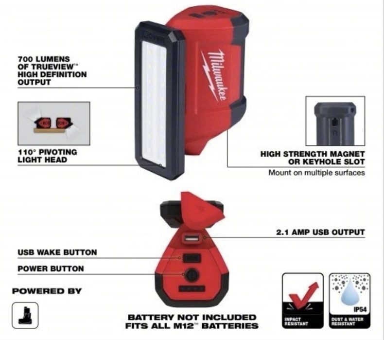 Прожектор, ліхтар, зарядне Milwaukee 2367-20 M12 (PAL-0) USB TRUEVIEW