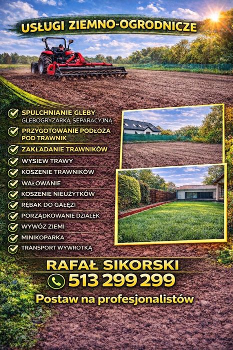 Usługi ziemno ogrodnicze glebogryzarka separacyjna kosiarka bijakowa niwelacja terenu wysiew trawy wałowanie transport wywrotką mini koparka