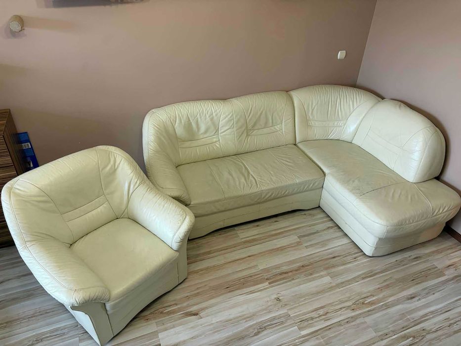 Narożnik z funkcją spania + fotel skórzany