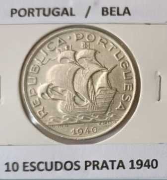 Moeda 10 Escudos 1940 da 2ª República Portuguesa  Emissão anual Prata
