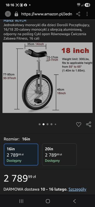 Nowy unicycle rower jednokolowy 16 cali