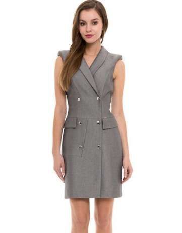 SIMPLE szara sukienka dwurzedowa guziki 36 S kratka krata