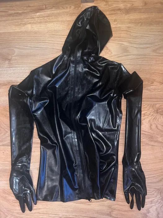 763/ Koszula top L latex lateks 0.4mm maska rękawice zamek tył czarny