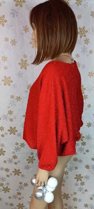 Sweter Ciepły Czerwony z Metaliczną Nitką Oversize Noname