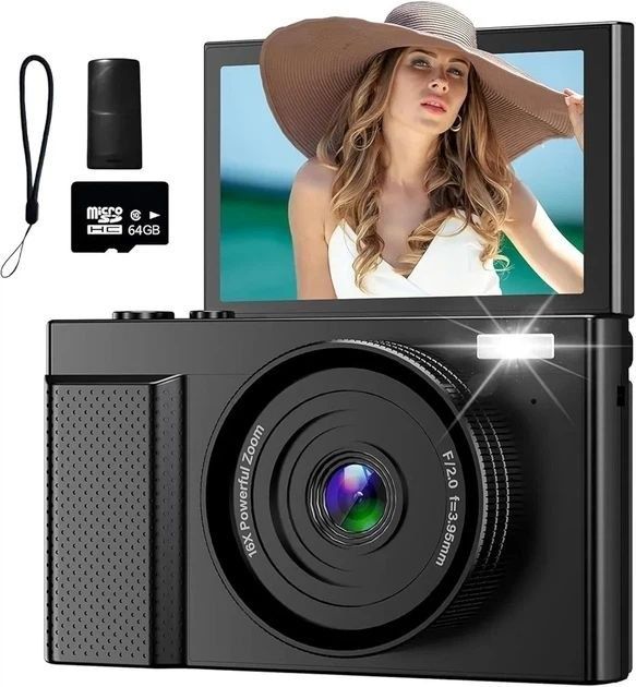 Цифровий фотоапарат камера DODOSOUL V6 4K 64мп з відкидним 3" екраном, 16x зумом, автофокусом та картою пам’яті 32GB.