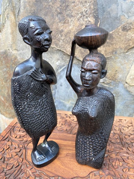 Casal esculturas Maconde Moçambique 22,5 cm Anos 60