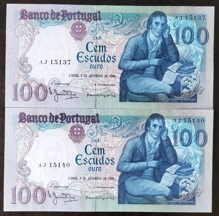 Lote 2 Notas 100$ 1980 Bocage Data mais Rara C/ Números Quase Seguidos