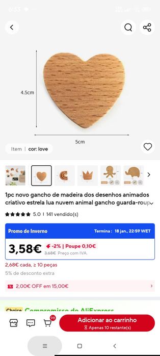 2 ganchos cabides madeira forma coração