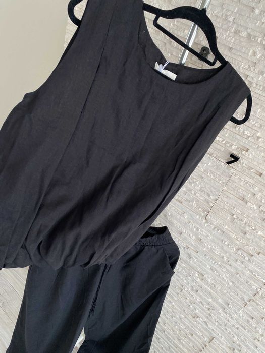 Lemonada nowy set jedwab + len -  proste spodnie + top czarny S-M