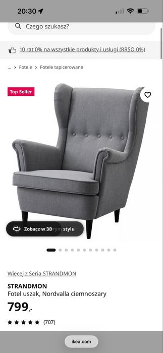 Szary fotel uszak ikea Strandmon