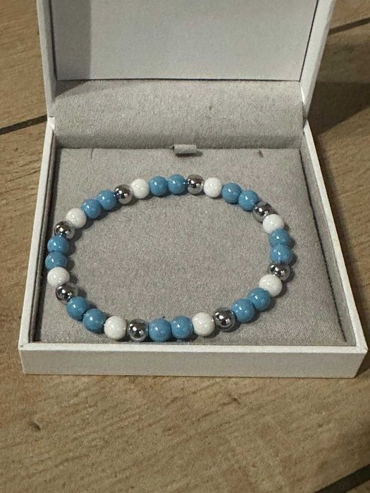 Bransoletka kamienie Angelit oraz stal chirurgiczna 14,5cm