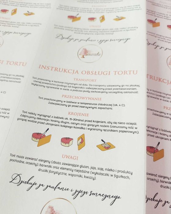 Instrukcja krojenia i obsługi tortu etykieta samoprzylepna naklejka A6