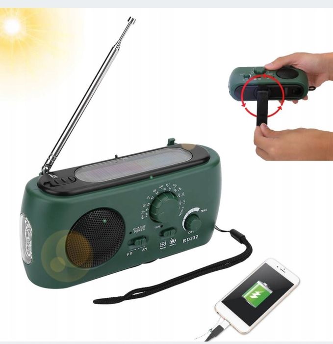 RADIO SOLARNE BUDOWLANE KEMPINGOWE AM/FM dynamo latarka powerbank usb
