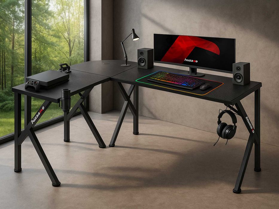 Biurko Narożne Gamingowe Czarne Komputerowe Młodzieżowe - WYPRZEDAŻ