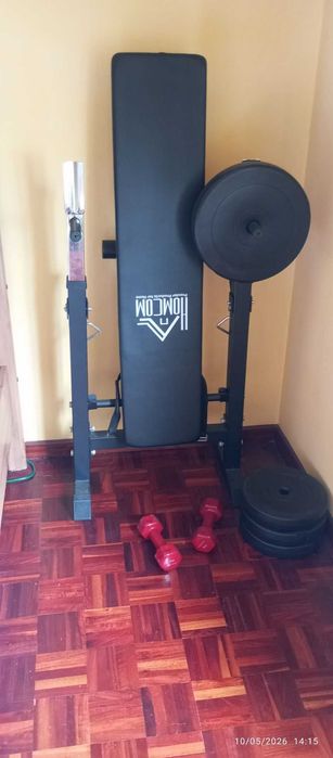 Kit Ginásio 50kg NOVO: Banco Musculação Dobrável HOMCOM + Barras e Pesos