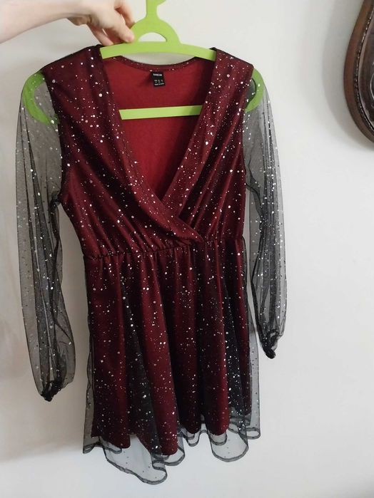 Vestido vermelho e brilhante, com mangas transparentes, S/36, Shein