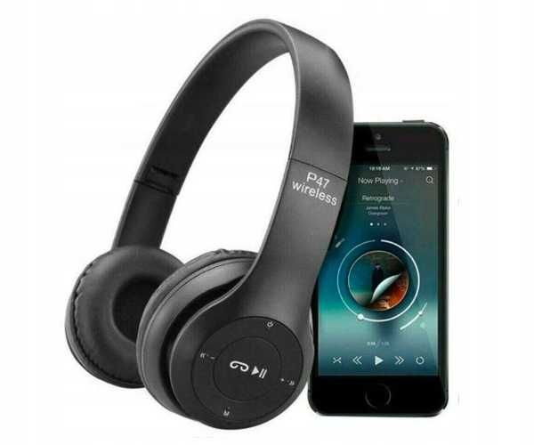 Słuchawki bezprzewodowe nauszne na głowę wygodne czarne z mikrofonem