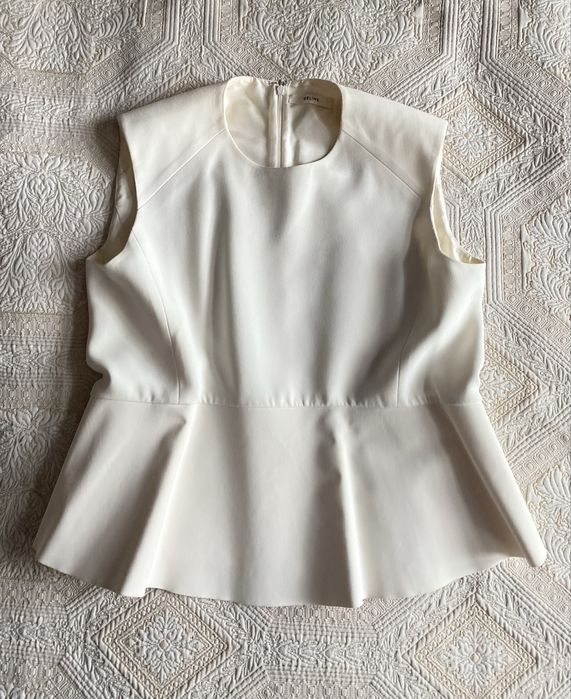 Biały kremowy top z baskinką quiet luxury old money paryski styl phoebe philo Old Celine
