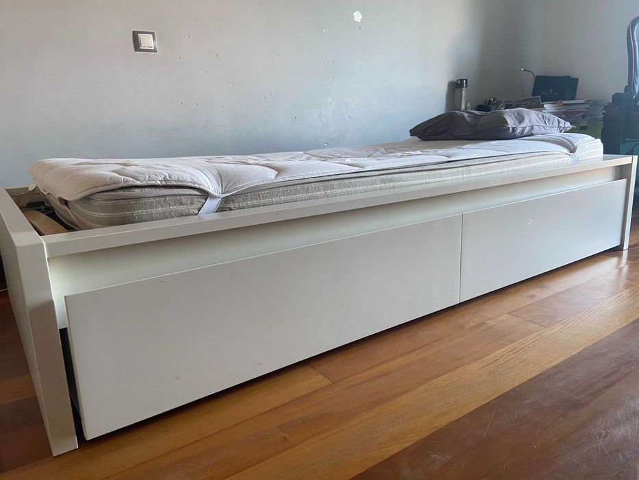 Cama Solteiro IKEA MALM Branca c/ 2 Gavetas + Colchão + Extras