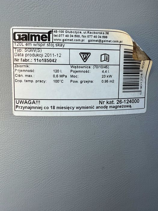 Wymiennik c.w.u. z wężownicą spiralną SGW(S) GALMET 120l