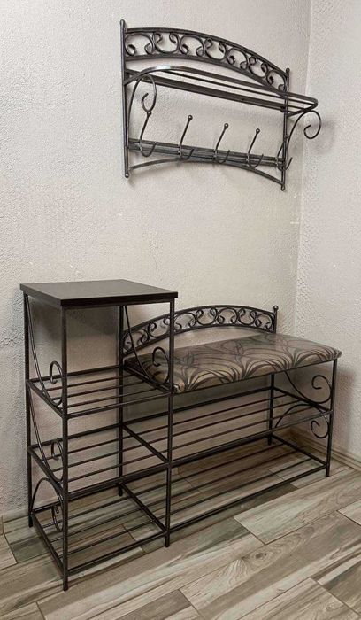 Полка для взуття, банкетка кована з мягким сидінням, вішак