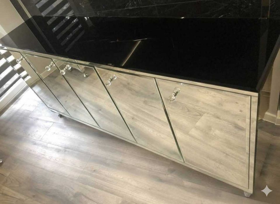 Lustrzana komoda 180cm czarny lacobel glamour cichy domyk noga ludwik