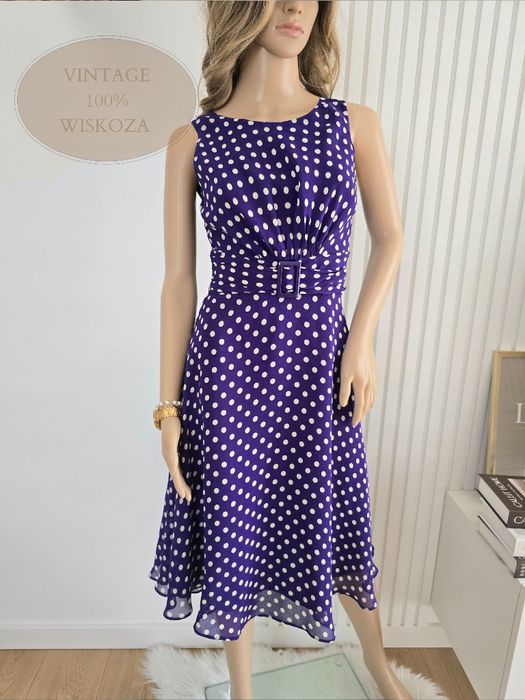 Sukienka midi grochy retro 40 L wiskoza acetat marszczona klamra